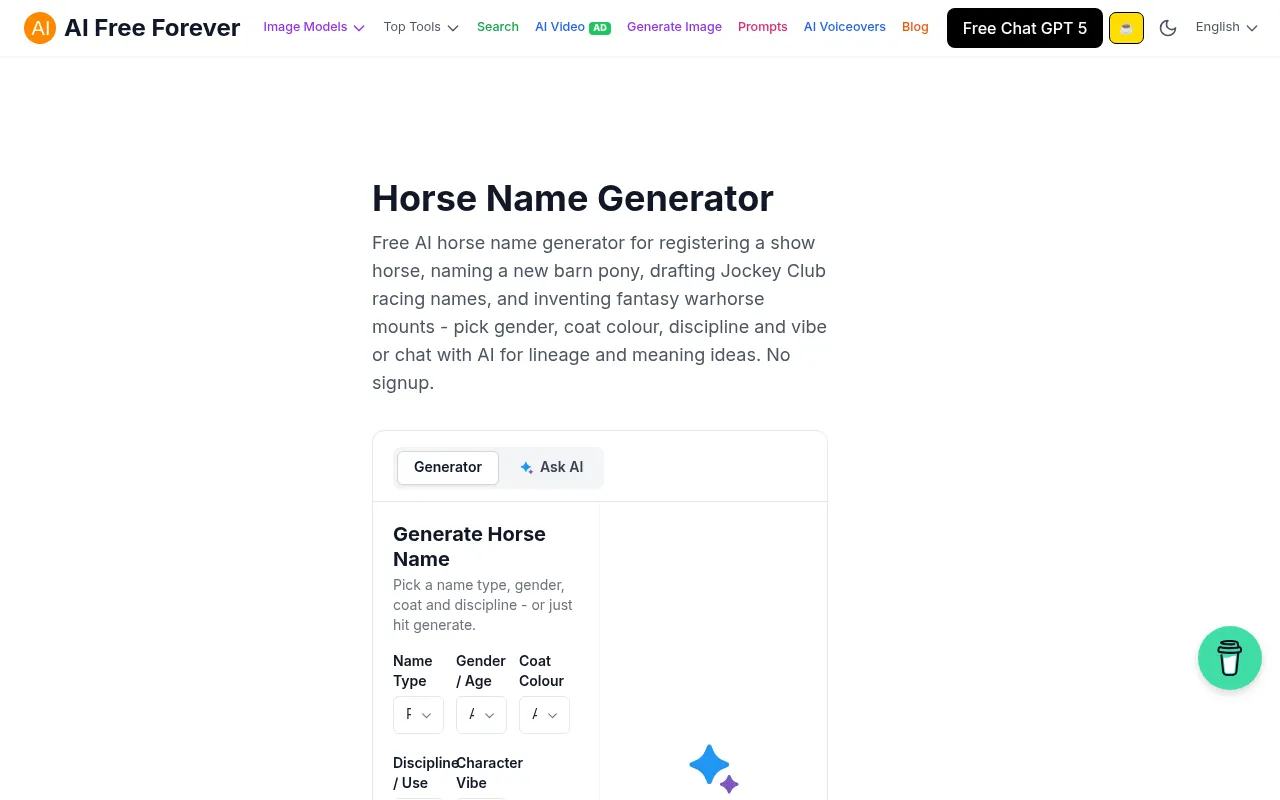 AI Free Forever's horse name generator with name type, coat and discipline inputs