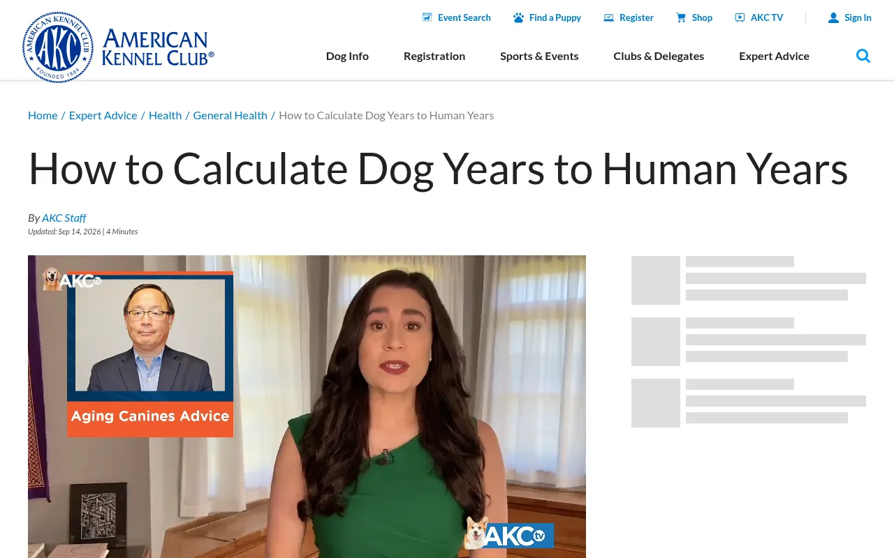 The AKC article on calculating dog years to human years