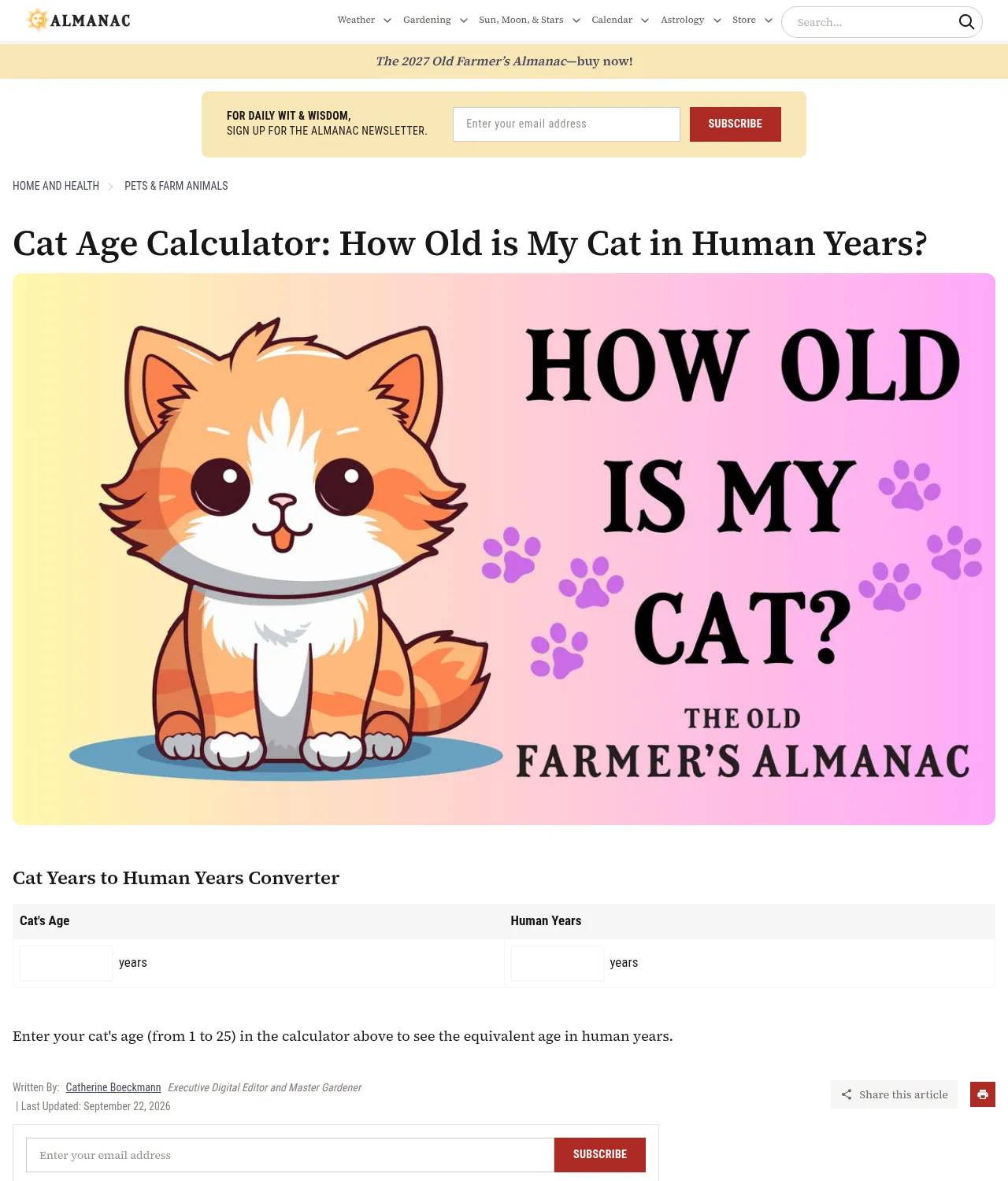 The Old Farmer's Almanac cat age calculator page