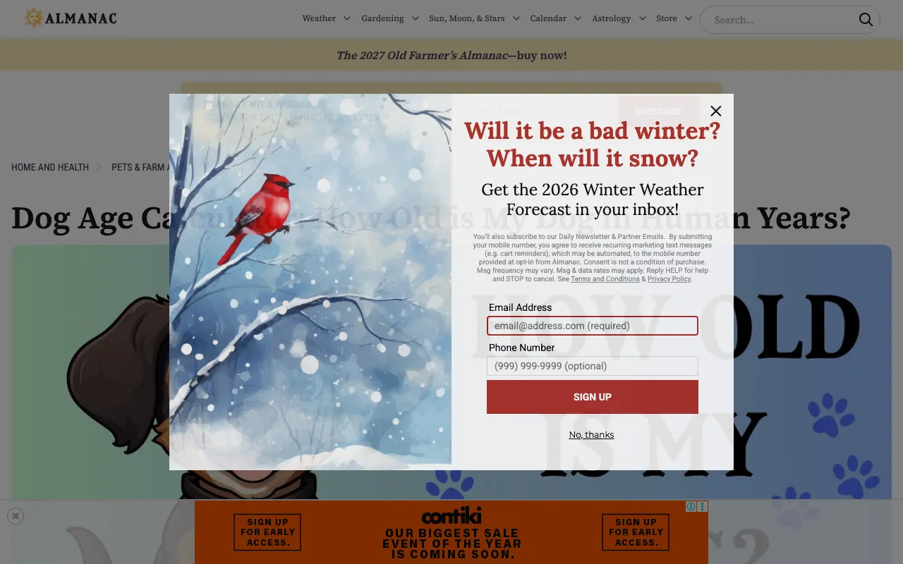 The Old Farmer's Almanac dog age calculator behind a sign-up modal