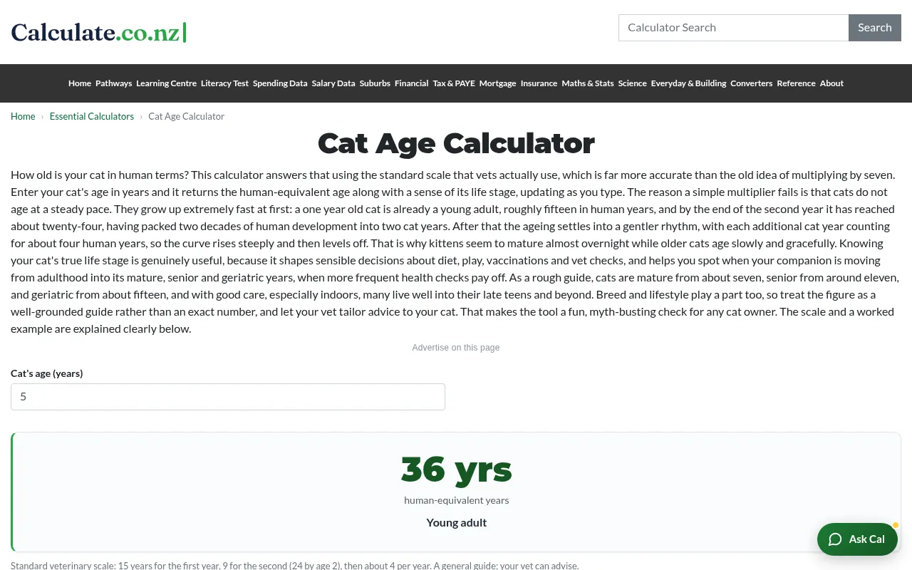 Calculate.co.nz cat age calculator