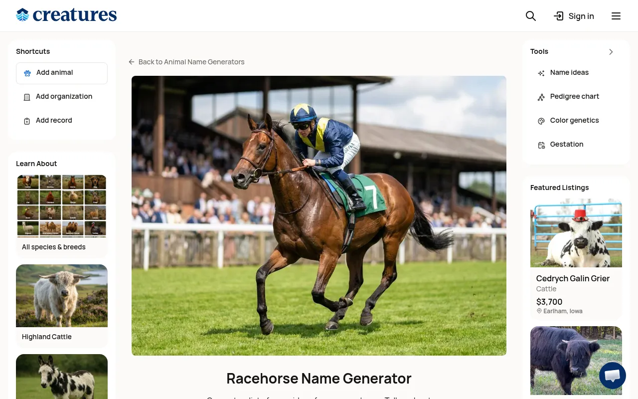 Creatures.com racehorse name generator with style options