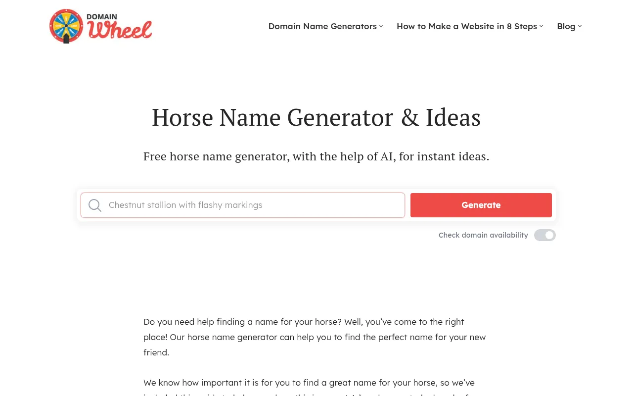 DomainWheel horse name generator with one text box