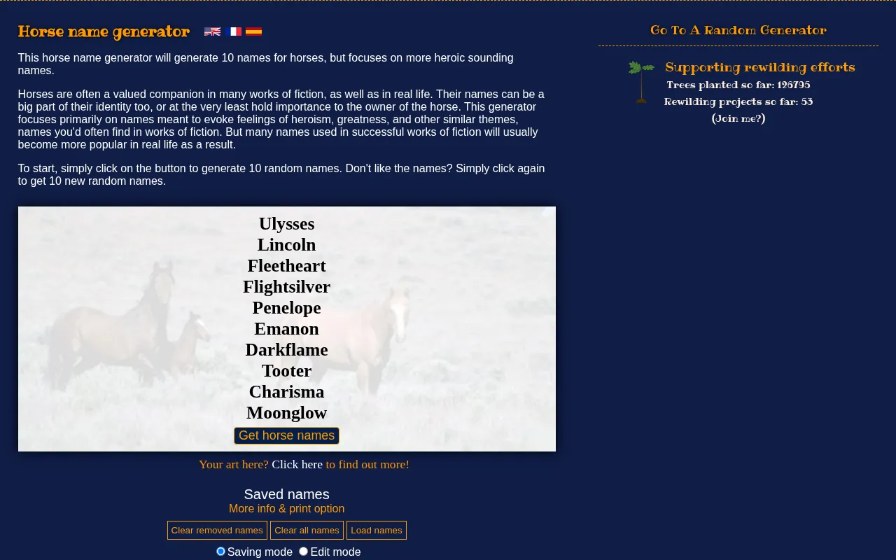 Fantasy Name Generators horse names page with a single button