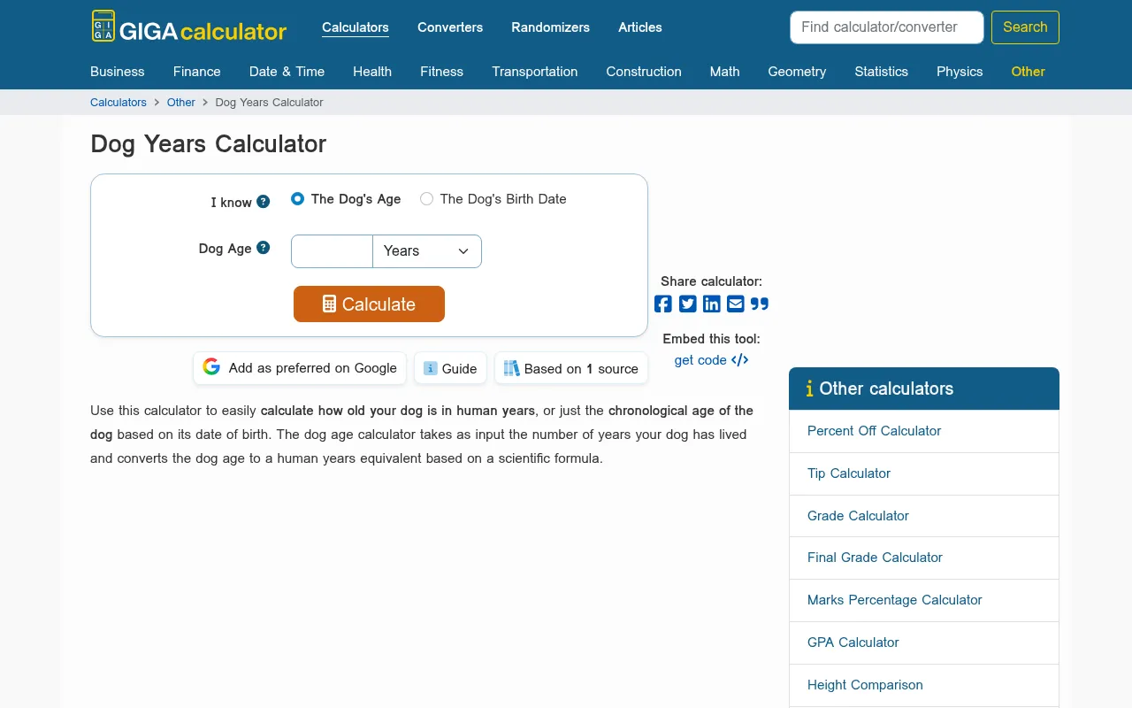GIGAcalculator's dog years calculator form