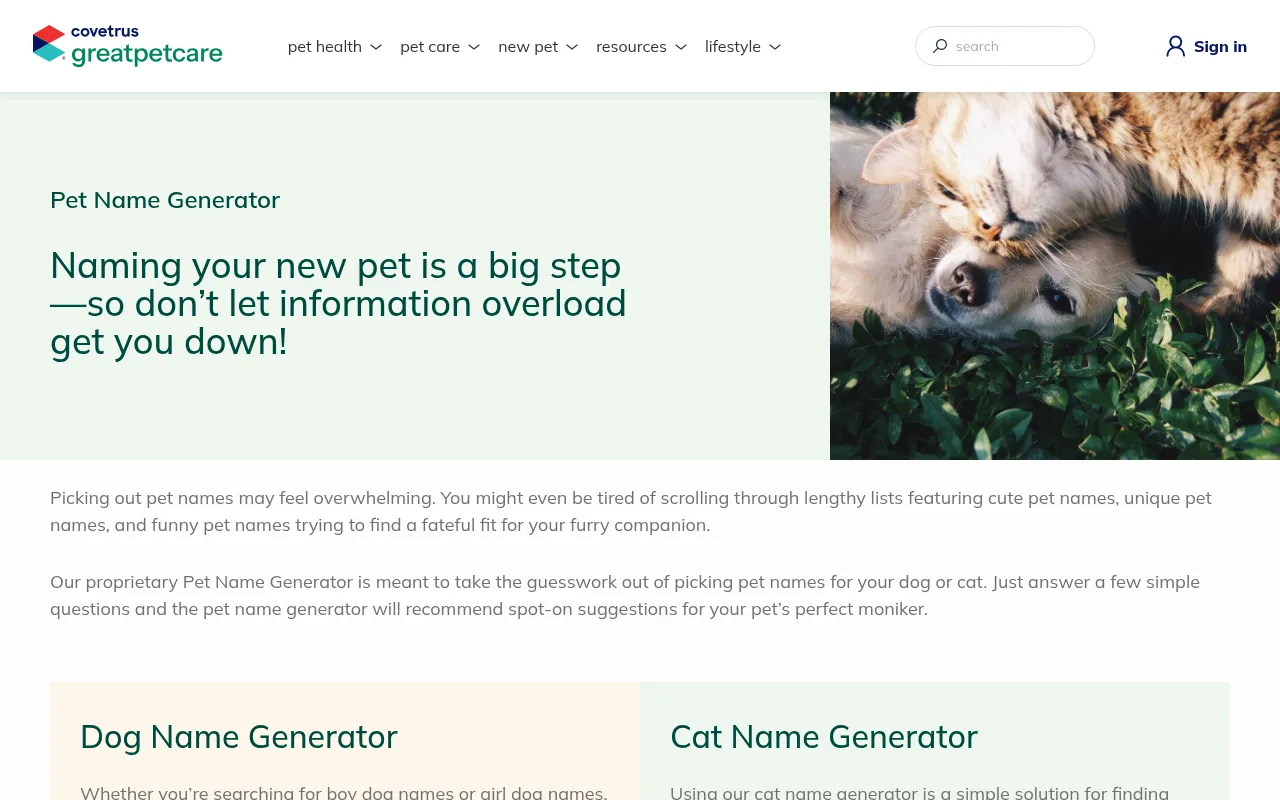 Great Pet Care pet name generator page