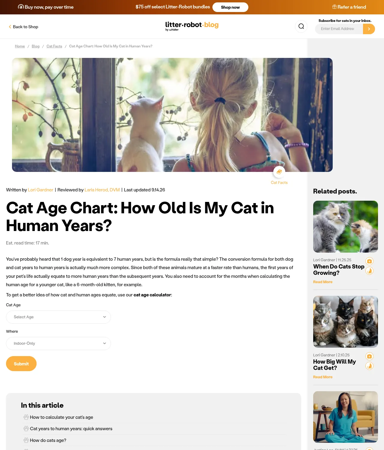 Litter-Robot's cat age calculator with lifestyle dropdown