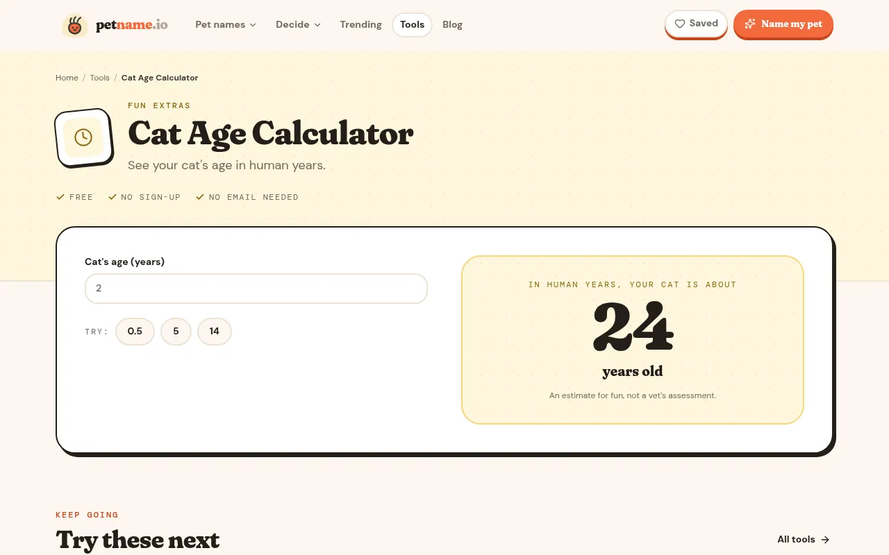 PetName's cat age calculator page