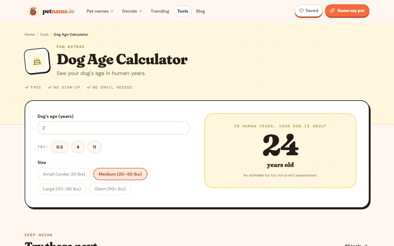 PetName's dog age calculator showing 24 years old for a 2-year-old medium dog