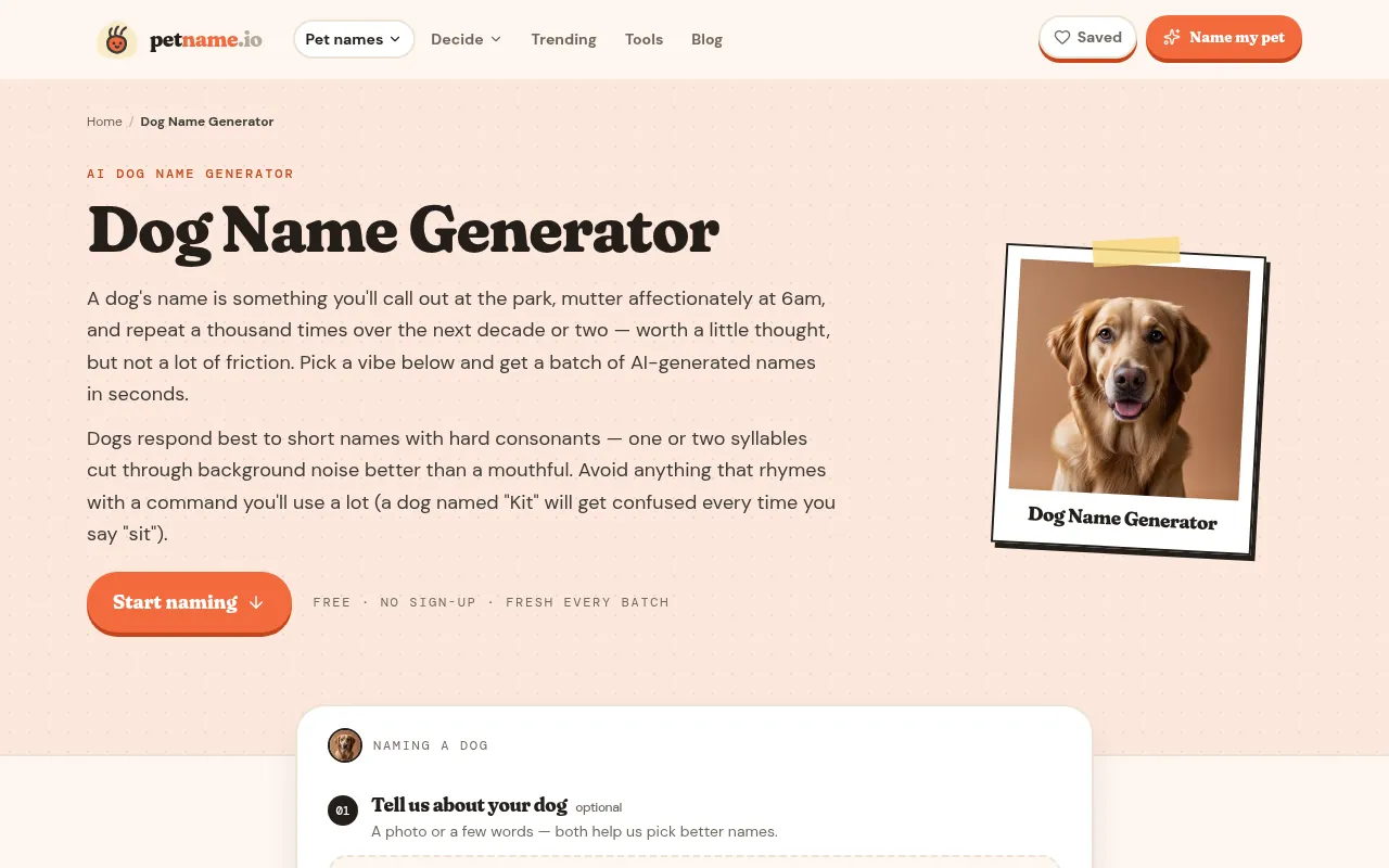PetName's dog name generator page