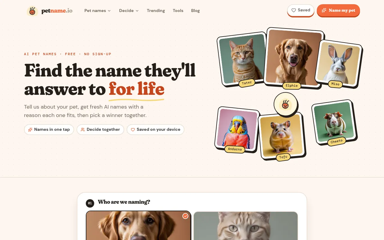 PetName homepage with the species picker