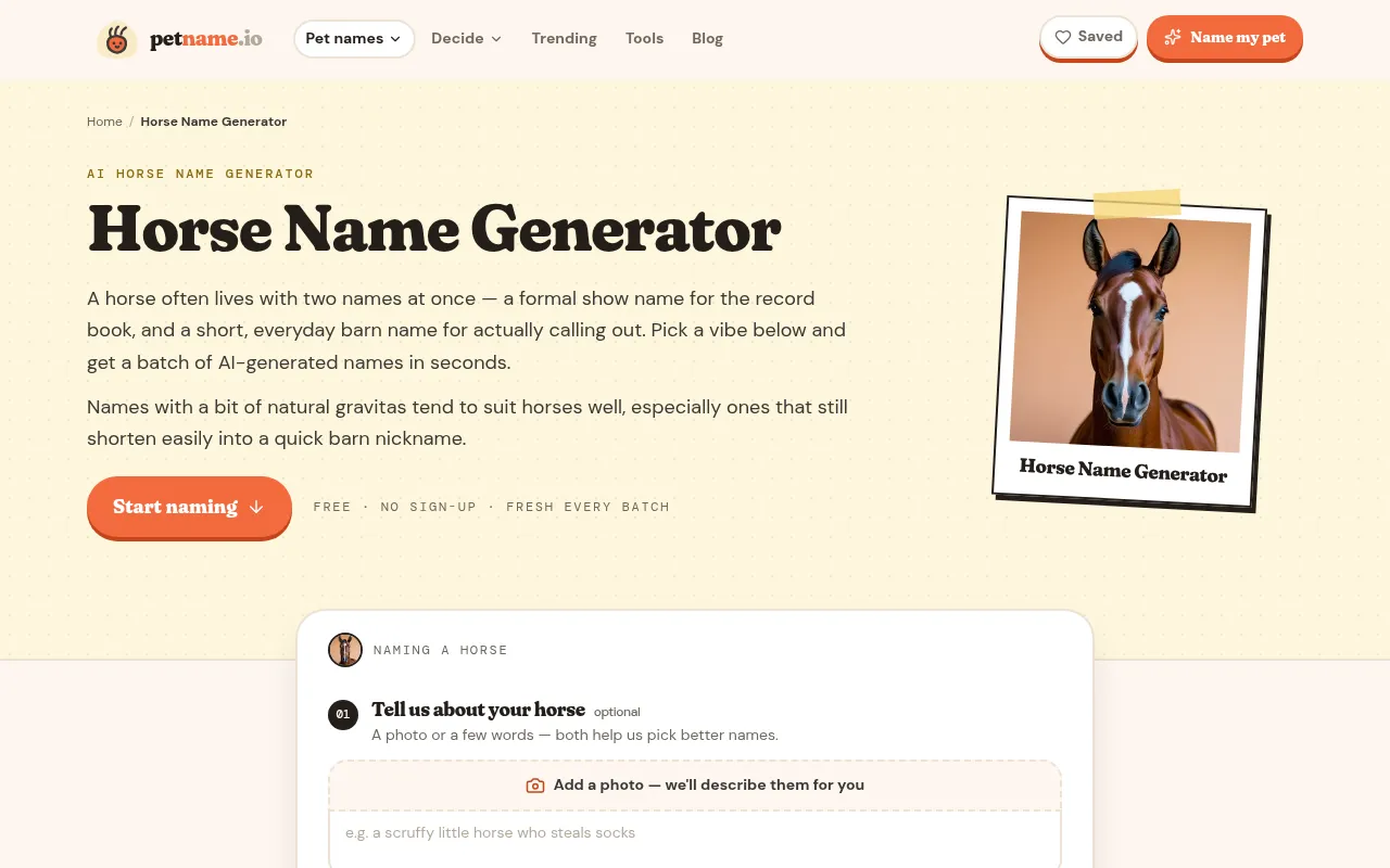 PetName's horse name generator page