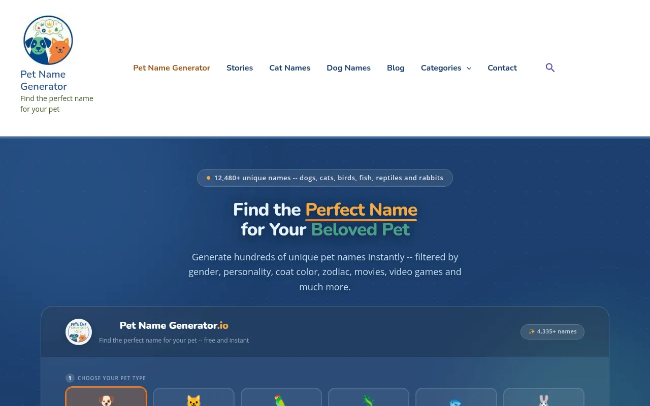 petnamegenerator.io homepage with the generator widget