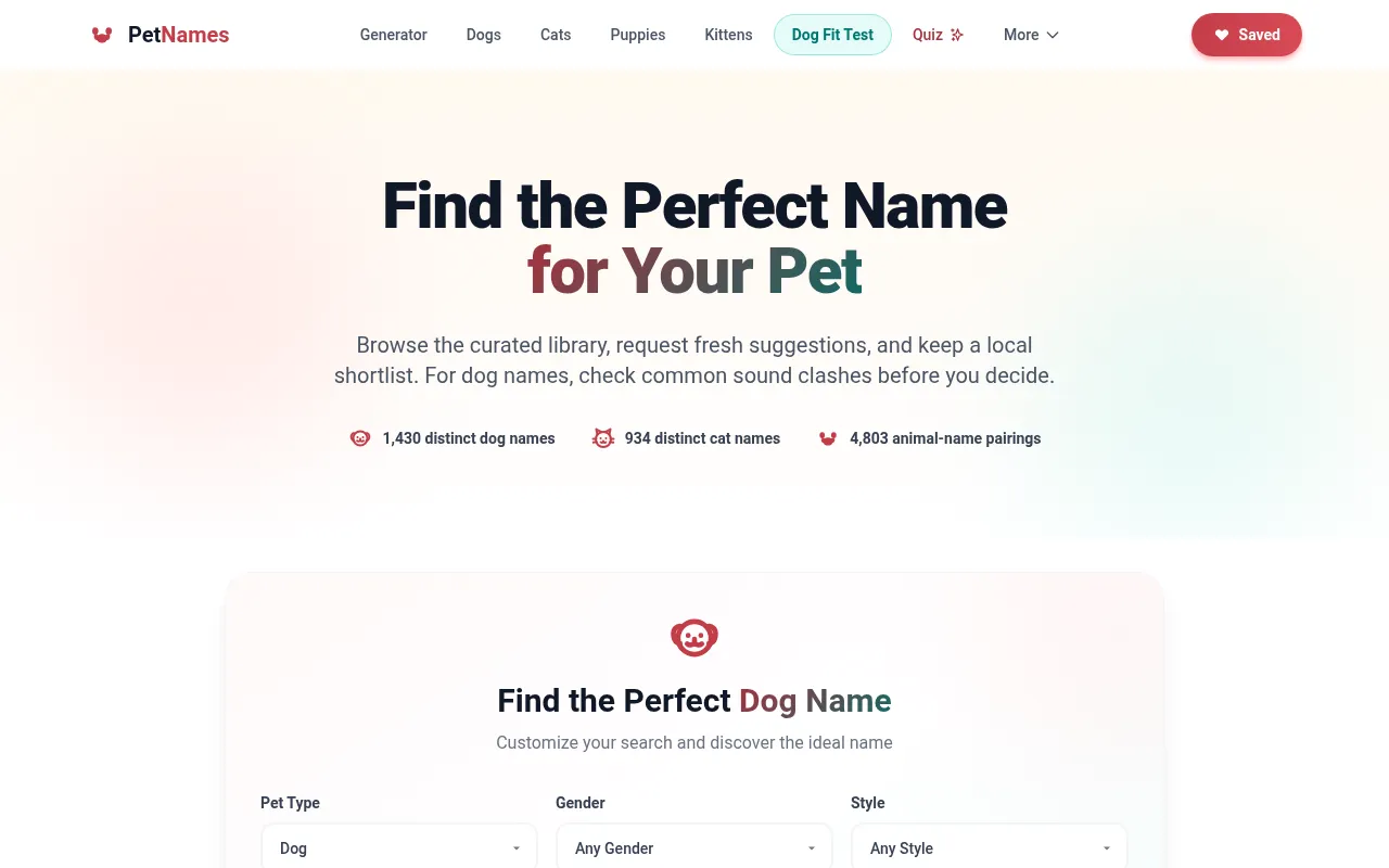 PetNames.dog homepage with library counts