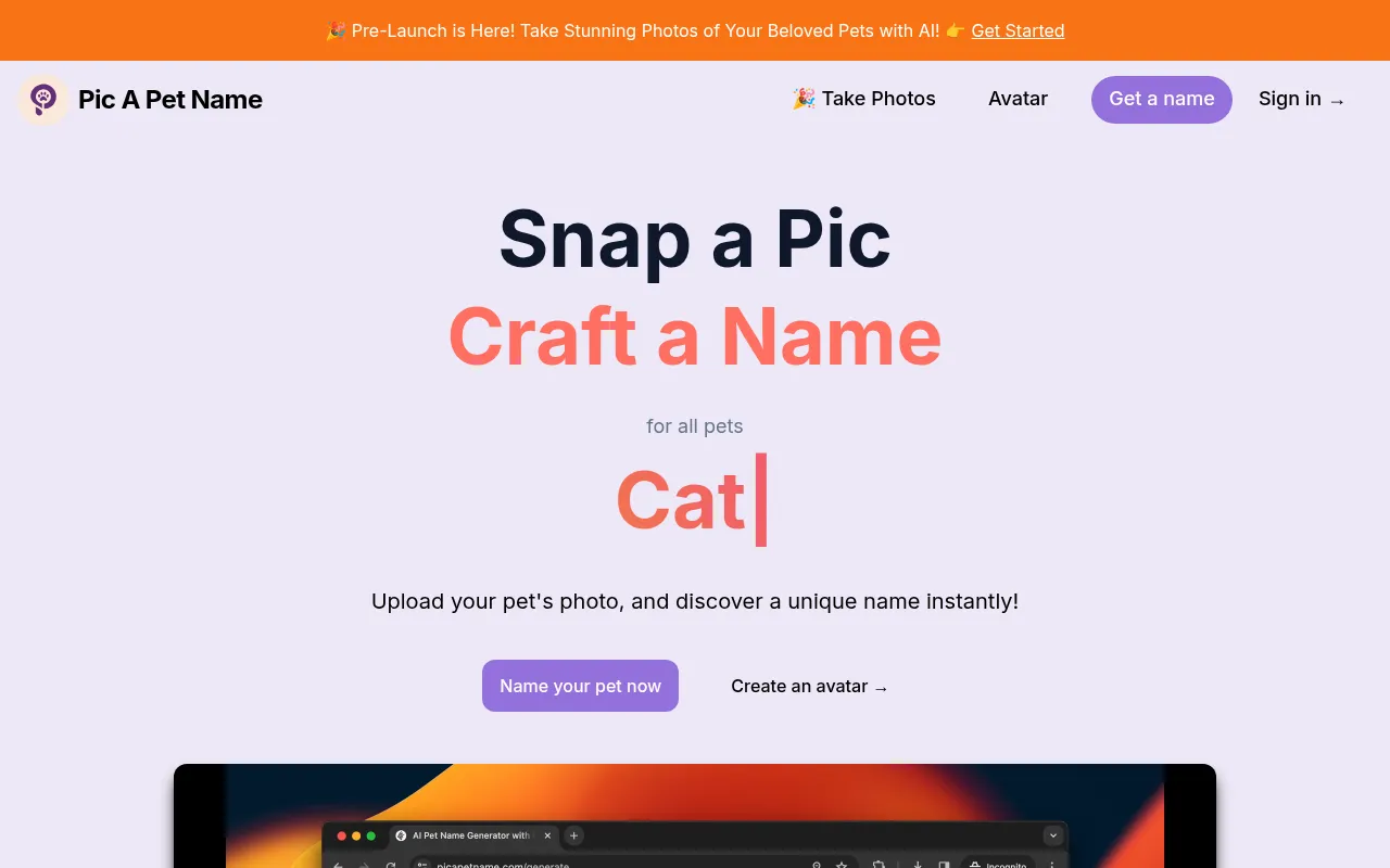 Pic A Pet Name homepage with the pre-launch banner