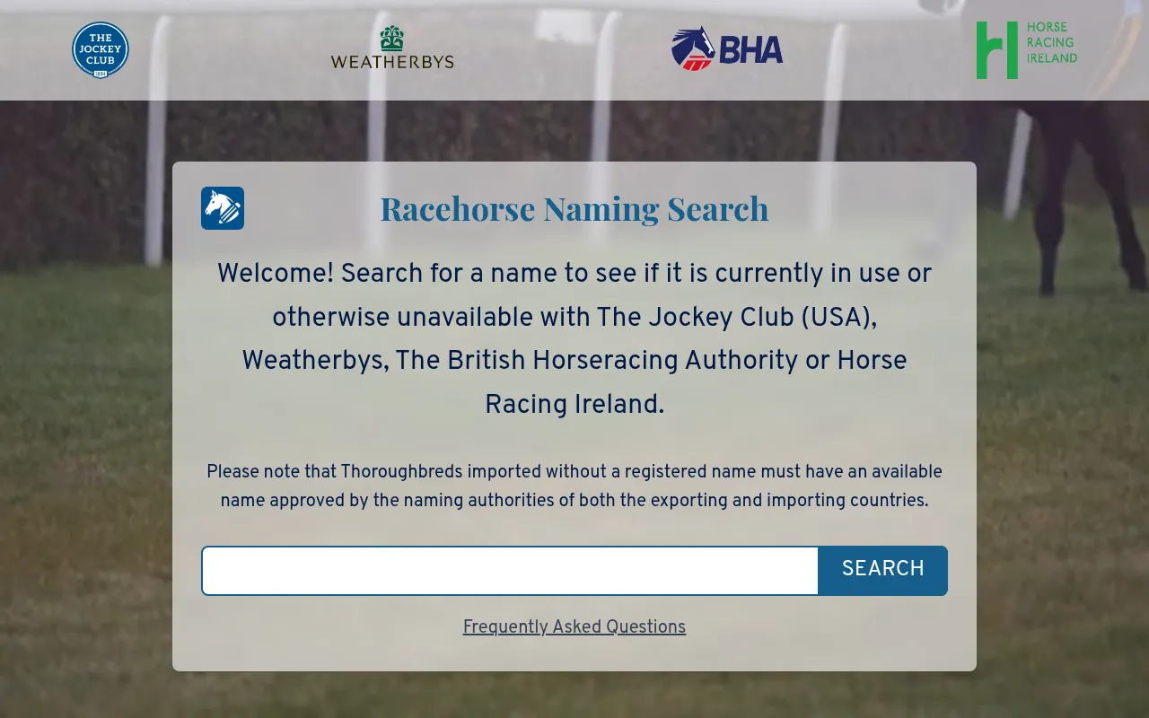 Racehorse Naming Search showing Jockey Club and Weatherbys logos
