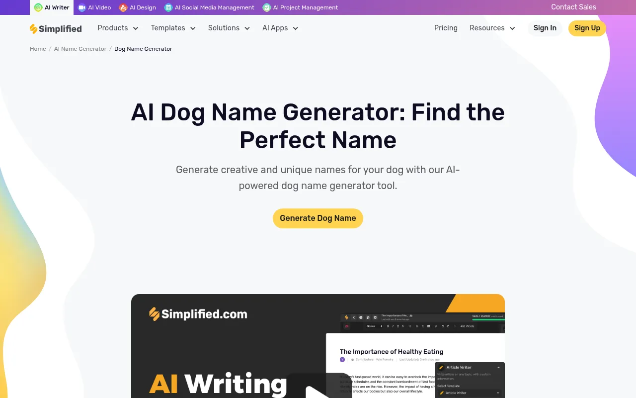 Simplified's AI dog name generator page