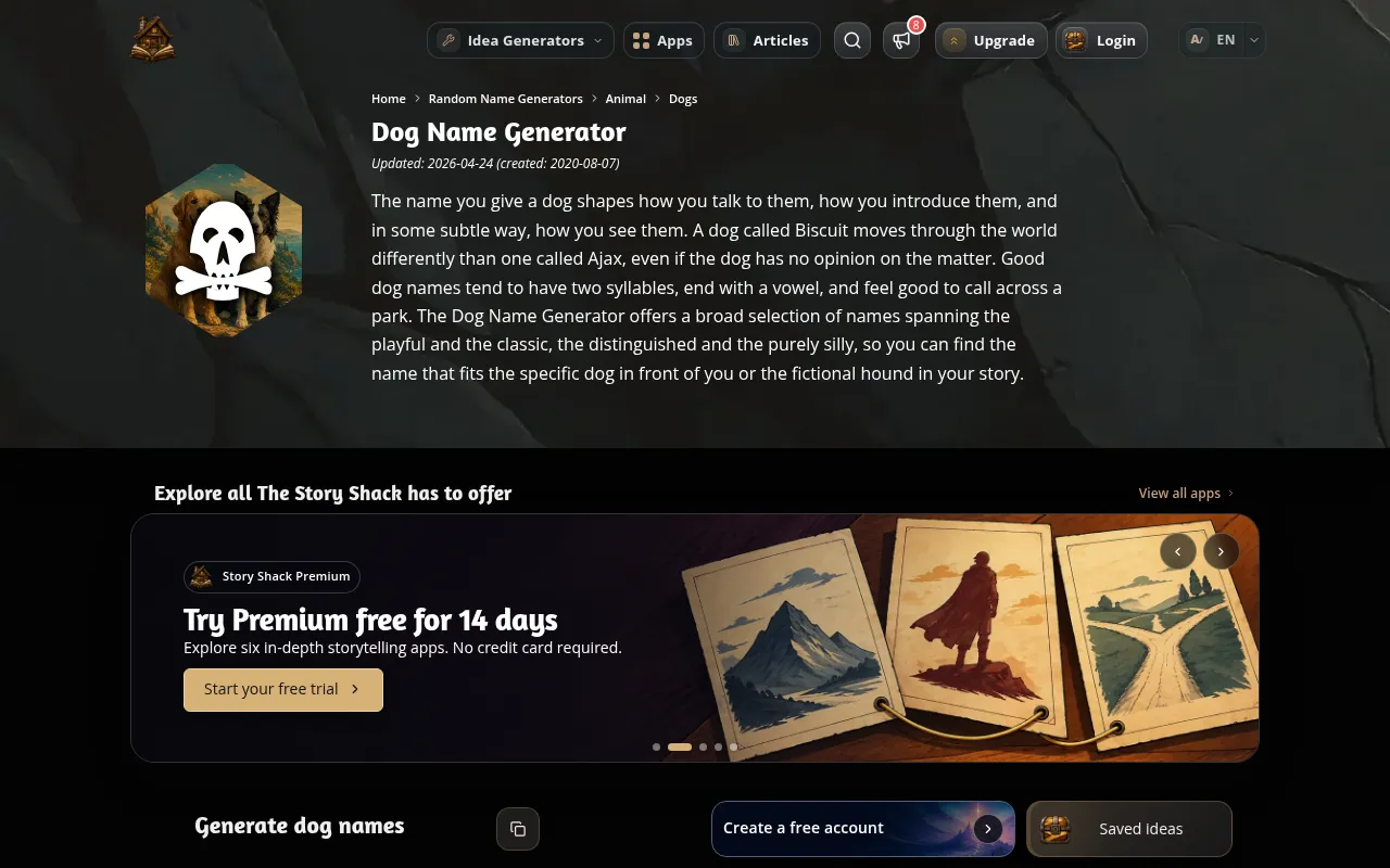 The Story Shack's dog name generator page