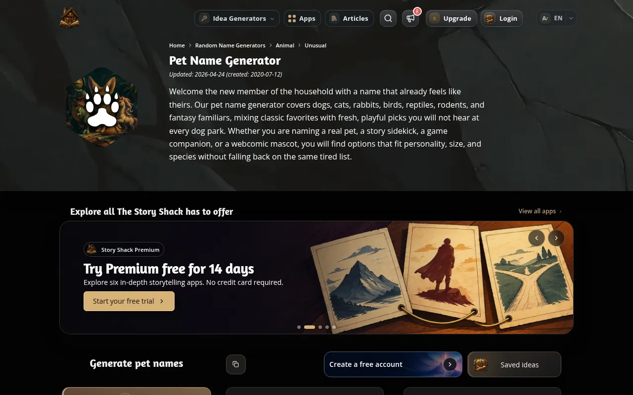 The Story Shack pet name generator with premium banner